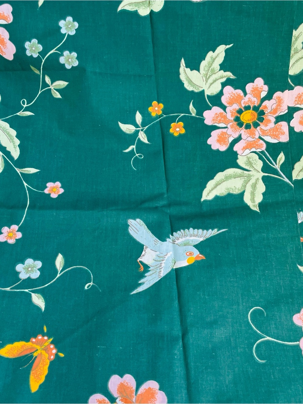 Teal Floral Butterfly Bird Garden Print Cotton Fabric Panel 68 x 33"